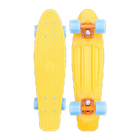 A yellow Penny skateboard with sky blue wheels, shown from both the top and bottom views, featuring a textured grip surface and a sturdy plastic deck.