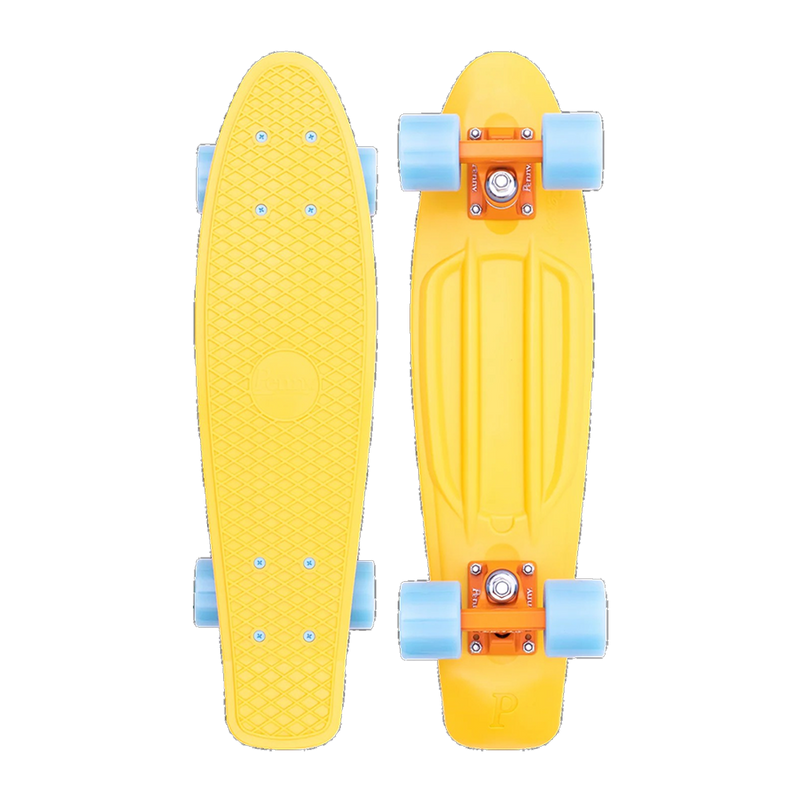 A yellow Penny skateboard with sky blue wheels, shown from both the top and bottom views, featuring a textured grip surface and a sturdy plastic deck.