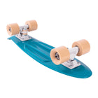 An underside view of the teal Penny skateboard, displaying the trucks, wheels, and structural details of the plastic deck.