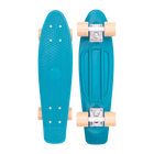  A teal Penny skateboard with sand-colored wheels, shown from both the top and bottom views, featuring a textured grip surface and a sturdy plastic deck.