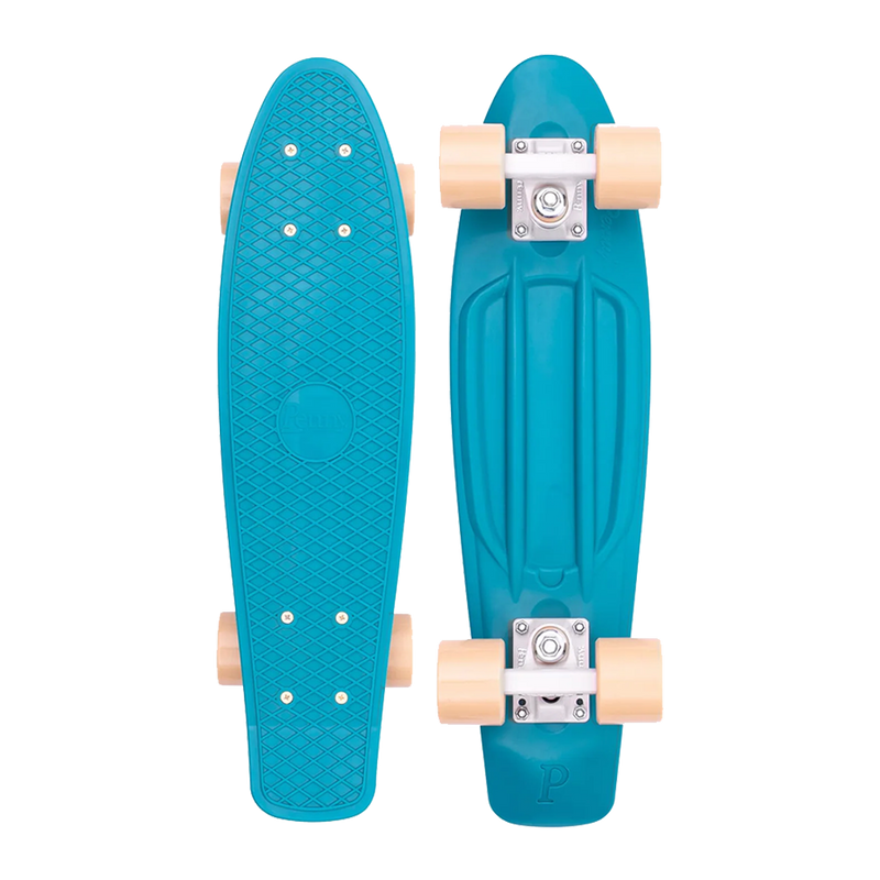  A teal Penny skateboard with sand-colored wheels, shown from both the top and bottom views, featuring a textured grip surface and a sturdy plastic deck.