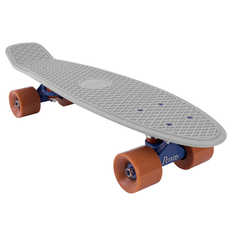 Gray skateboard with brown wheels on a white background