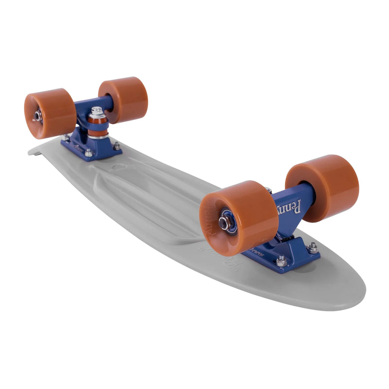 Longboard with Brown wheels and blue trucks on a white background