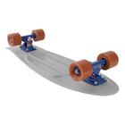 An underside view of the grey Penny skateboard, displaying the trucks, wheels, and structural details of the plastic deck.