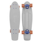 A grey Penny skateboard with brown wheels, shown from both the top and bottom views, featuring a textured grip surface and a sturdy plastic deck