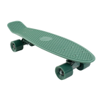 A side-angle view of a green Penny skateboard with green wheels, showcasing its compact design and smooth-rolling wheels.