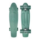 A green Penny skateboard with matching green wheels, shown from both the top and bottom views, featuring a textured grip surface and a sturdy plastic deck