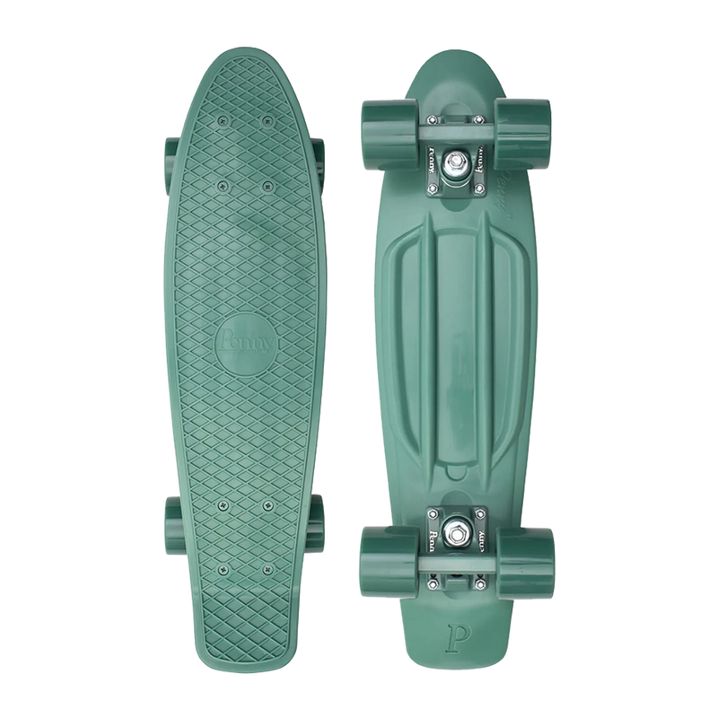 A green Penny skateboard with matching green wheels, shown from both the top and bottom views, featuring a textured grip surface and a sturdy plastic deck