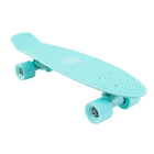 A side-angle view of a mint Penny skateboard with mint wheels, showcasing its compact design and smooth-rolling wheels.