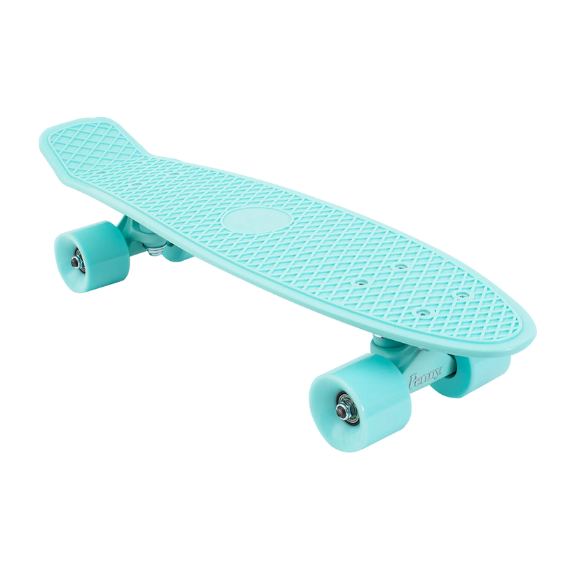 A side-angle view of a mint Penny skateboard with mint wheels, showcasing its compact design and smooth-rolling wheels.