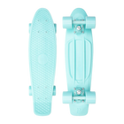  A mint-colored Penny skateboard with matching mint wheels, shown from both the top and bottom views, featuring a textured grip surface and a sturdy plastic deck.