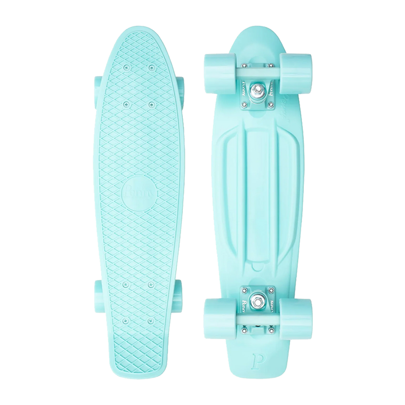  A mint-colored Penny skateboard with matching mint wheels, shown from both the top and bottom views, featuring a textured grip surface and a sturdy plastic deck.