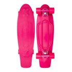 A bright pink penny board shown from both the top and bottom views against a plain white background.