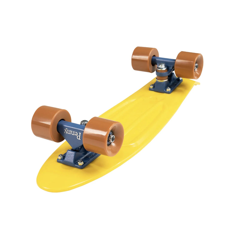 An underside view of the yellow Penny skateboard, displaying the trucks, wheels, and structural details of the plastic deck