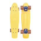 A yellow Penny skateboard with brown wheels, shown from both the top and bottom views, featuring a textured grip surface and a sturdy plastic deck.