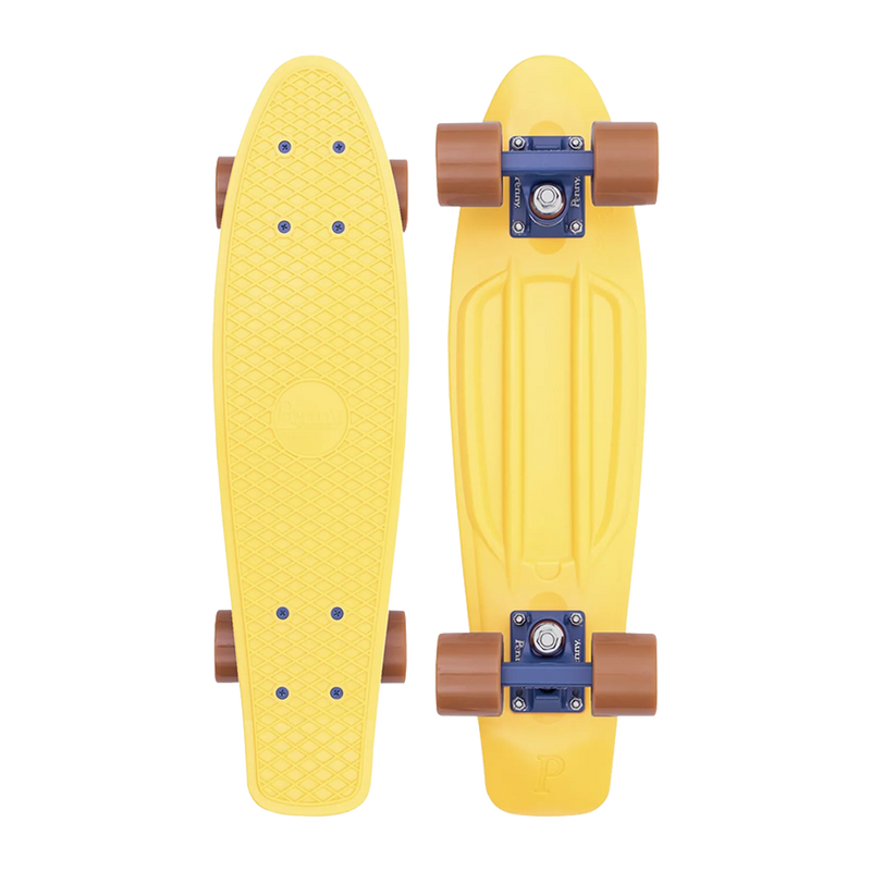 A yellow Penny skateboard with brown wheels, shown from both the top and bottom views, featuring a textured grip surface and a sturdy plastic deck.