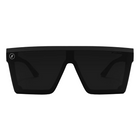 Matte black shield sunglasses with a wide top frame and dark lenses, shown against a plain white background.