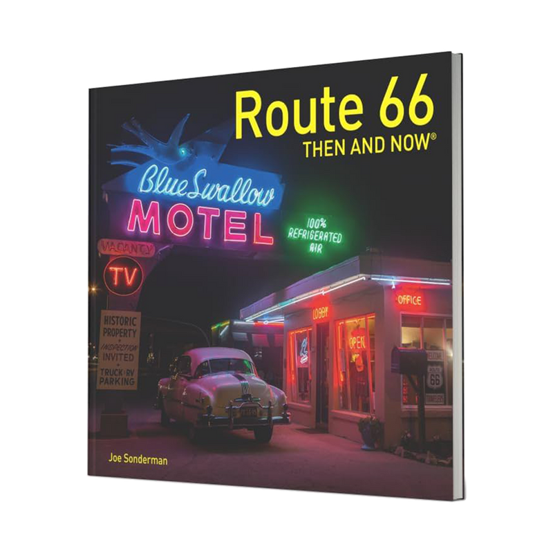 Book cover of 'Route 66 Then and Now' with neon signs and vintage car.