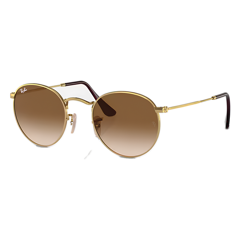 Gold-framed sunglasses with brown gradient lenses on a white background