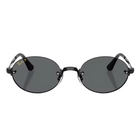Oval sunglasses with dark gray lenses and a black metal frame, shown on a light gray background with a reflection below.