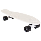 A side-angle view of the white Penny skateboard, showing its textured grip surface, black wheels, and white trucks. The Penny logo is embossed on the deck