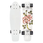 A white Penny skateboard with a floral design on the underside, featuring red roses and green leaves. The skateboard has black wheels and white trucks, shown from both the top and bottom views.