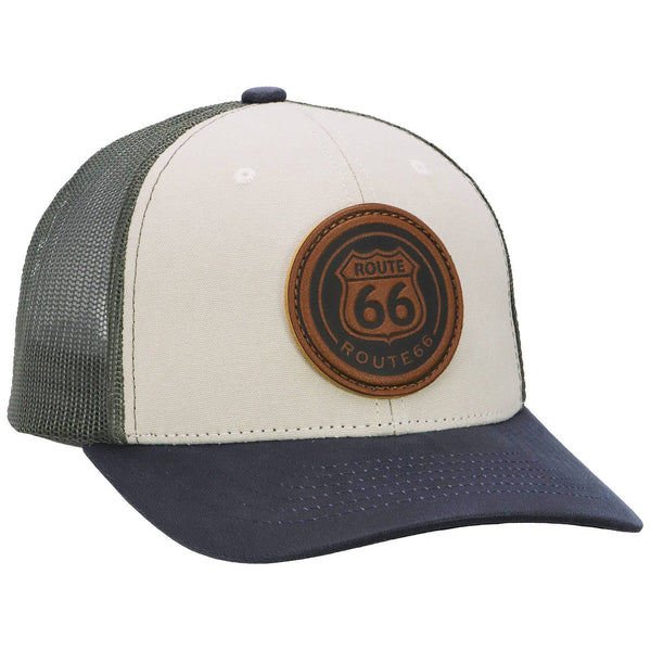 Route 66 Canvas Vegan Oiled Leather Trucker Hat - Light Gray/Navy/Charcoal Front