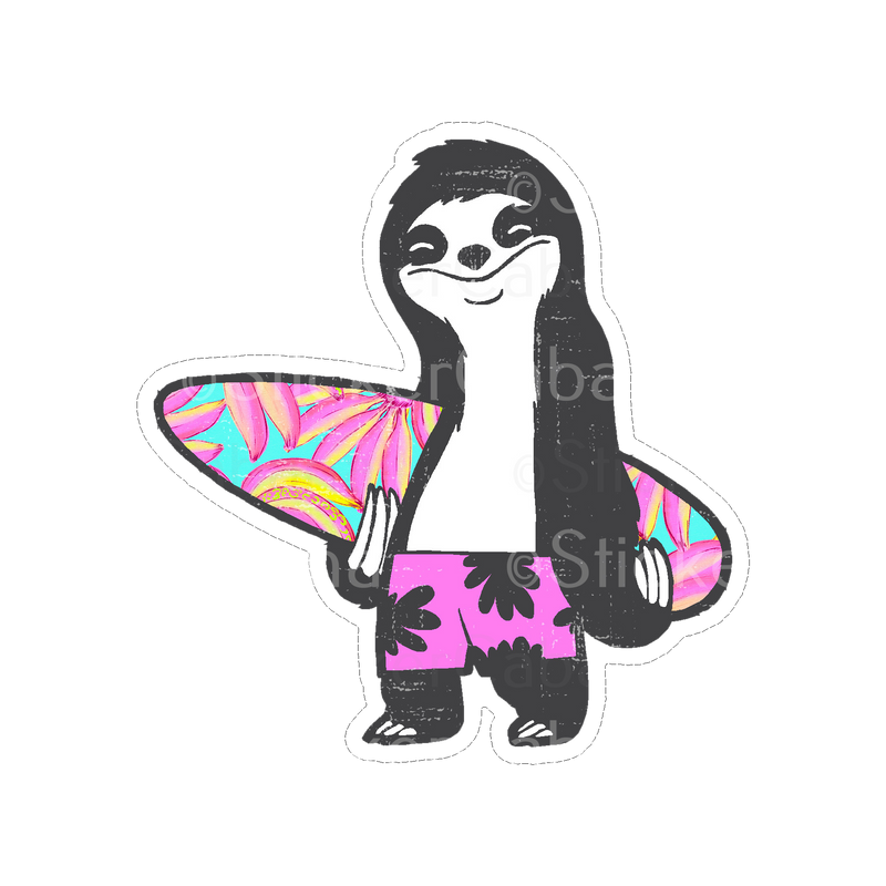 Sticker Cabana BS Sloth with Pink Yellow and  Blue Surf Board and Pin