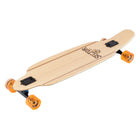 Wooden skateboard with orange wheels on a white background