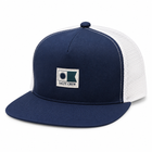 A navy blue and white trucker hat with a white mesh back and a navy flat brim, featuring a 'SALTY CREW' logo patch on the front.