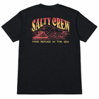 A black short-sleeve t-shirt shown from the back, featuring a large graphic print with the words 'SALTY CREW' in yellow and orange, a fishing boat illustration, and the phrase 'FIND REFUGE IN THE SEA' in yellow.