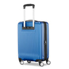 A blue hardshell spinner suitcase with a telescopic handle extended, shown on a plain white background.