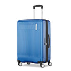 A blue hardshell spinner suitcase with vertical grooves, an extended telescoping handle, and four wheels, shown on a plain white background.