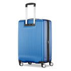 A blue hardshell spinner suitcase with a telescopic handle extended, shown on a clean white background.