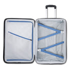 An open hard-shell suitcase showing the interior organization, with a light gray zippered compartment, a diagonal zip pocket outlined in blue, and blue compression straps on a white background.