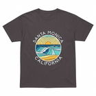 Dark gray t-shirt with a colorful 'Santa Monica, California' graphic design on a white background