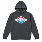 A dark heather gray pullover hoodie with a diamond-shaped 'Sand N Surf Santa Monica California' graphic on the chest, displayed on a clean white background.