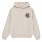 A light beige hooded sweatshirt with a small colorful graphic on the left chest featuring a retro car and the text 'SOUTH MONICA'.