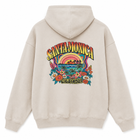 A light beige hooded sweatshirt shown from the back, featuring a large colorful retro graphic of a Santa Monica, California beach scene with palm trees, flowers, and a sunset.