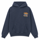A dark navy blue washed pullover hoodie with a colorful 'Santa MonicaCalifornia' graphic printed on the left chest, displayed on a clean white background.