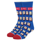 Blue sock with Scrabble tile design on a white background