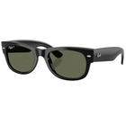 Black Ray-Ban Wayfarer sunglasses with olive green lenses, shown at a three-quarter angle on a light gray reflective surface.
