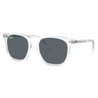 Clear acetate square sunglasses with dark gray lenses, shown on a light gray background with a subtle reflection.