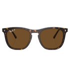 Ray-Ban Wayfarer-style sunglasses with a dark tortoiseshell frame and brown lenses, shown from the front on a light gray background with a soft reflection below.