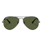 Ray-Ban aviator sunglasses with olive green lenses and a thin silver metal frame, shown against a light gray background.