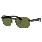 Ray-Ban square rimless sunglasses with olive green lenses and black temples, shown on a light gray background with a subtle reflection.