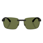 Ray-Ban rimless sunglasses with olive green lenses and a matte black metal bridge and temples, shown on a light gray background.