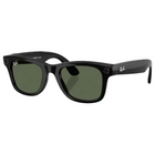 Black Ray-Ban Wayfarer-style sunglasses with dark green lenses, shown at a three-quarter angle on a light gray background with a soft reflection.