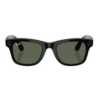 Black Ray-Ban Wayfarer-style sunglasses with dark green lenses, shown from the front on a light gray background with a reflection below.