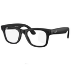 Black Ray-Ban Wayfarer-style eyeglasses with clear lenses, shown at a three-quarter angle on a light gray background with a soft reflection.